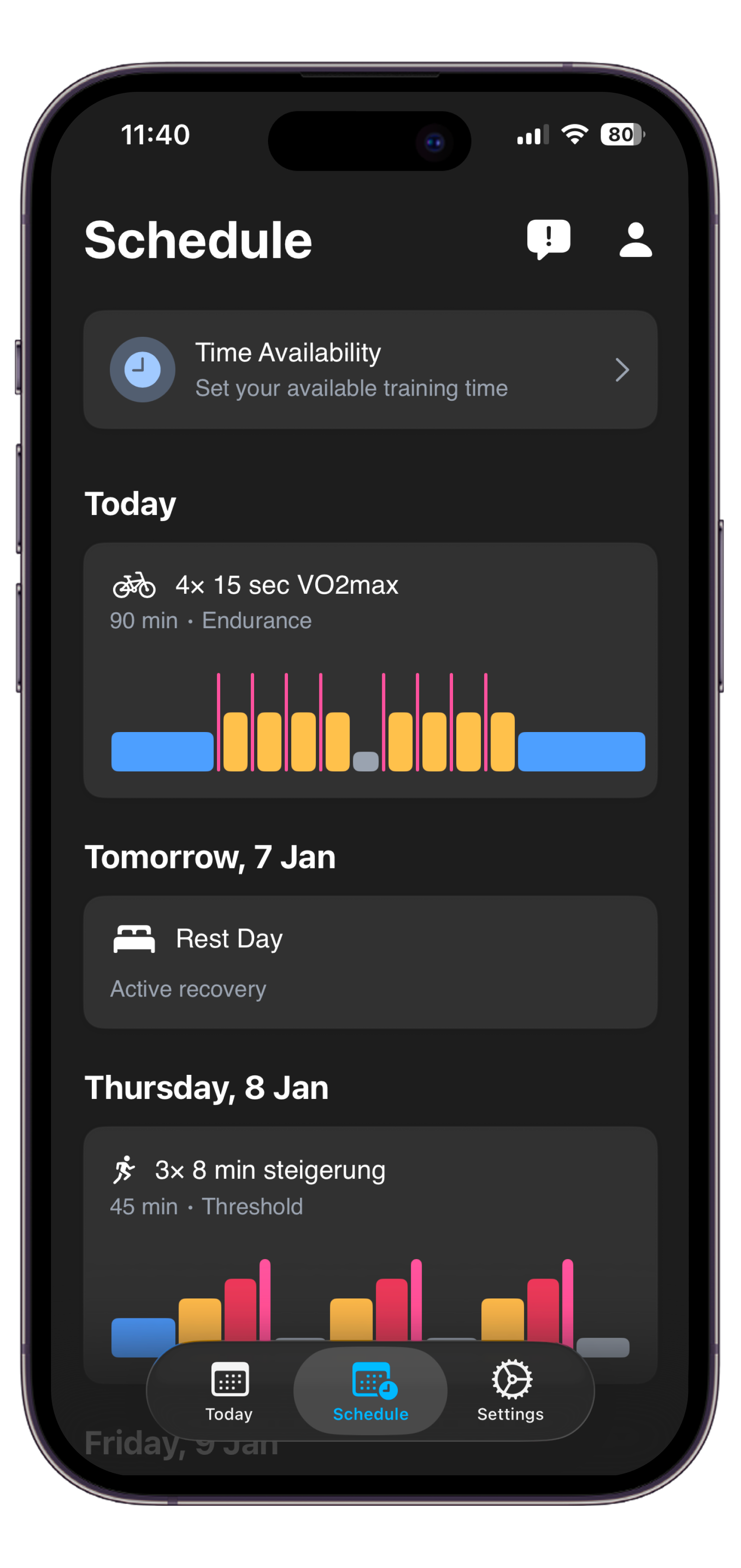 Theron schedule screen showing personalized training plan