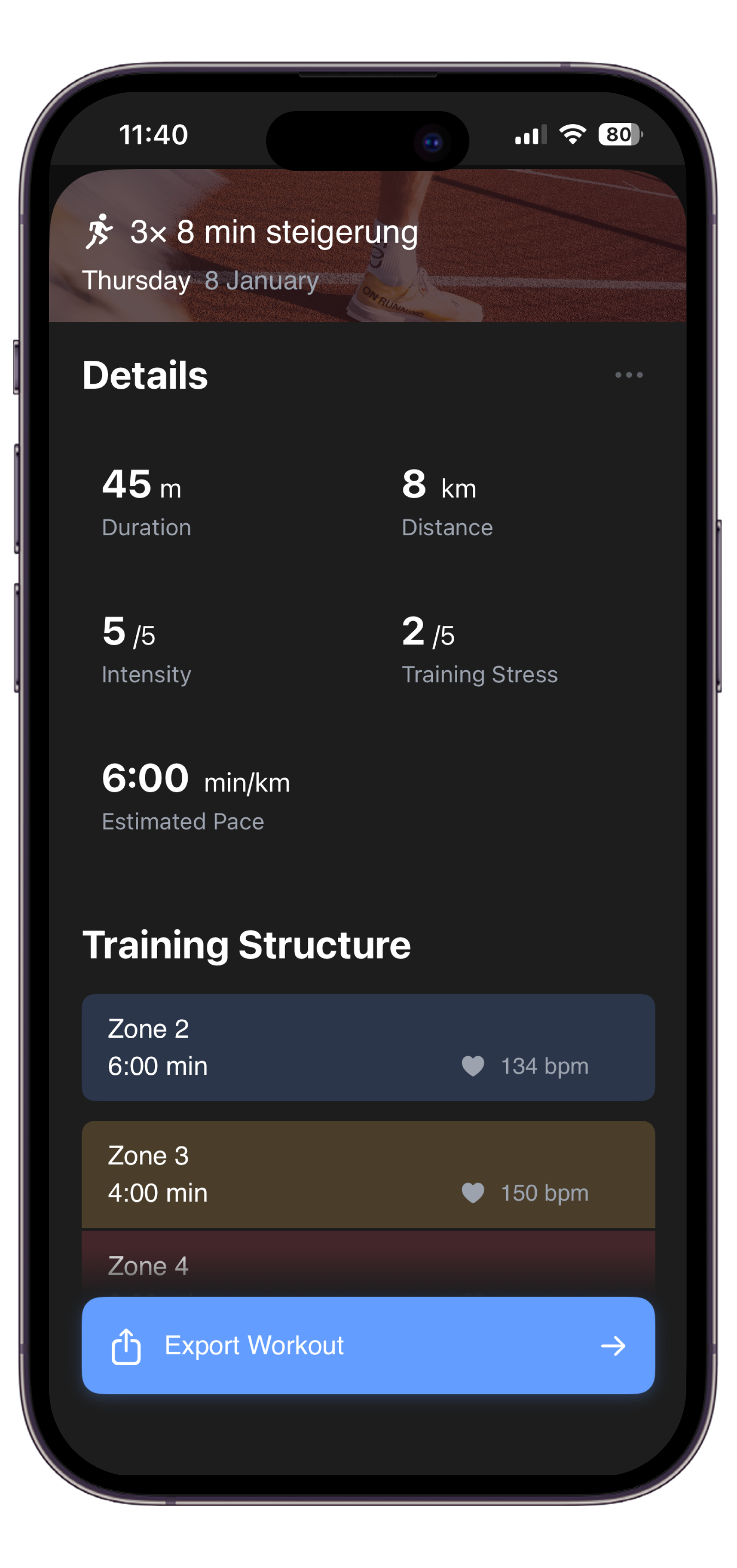 Theron workout screen showing detailed workout information